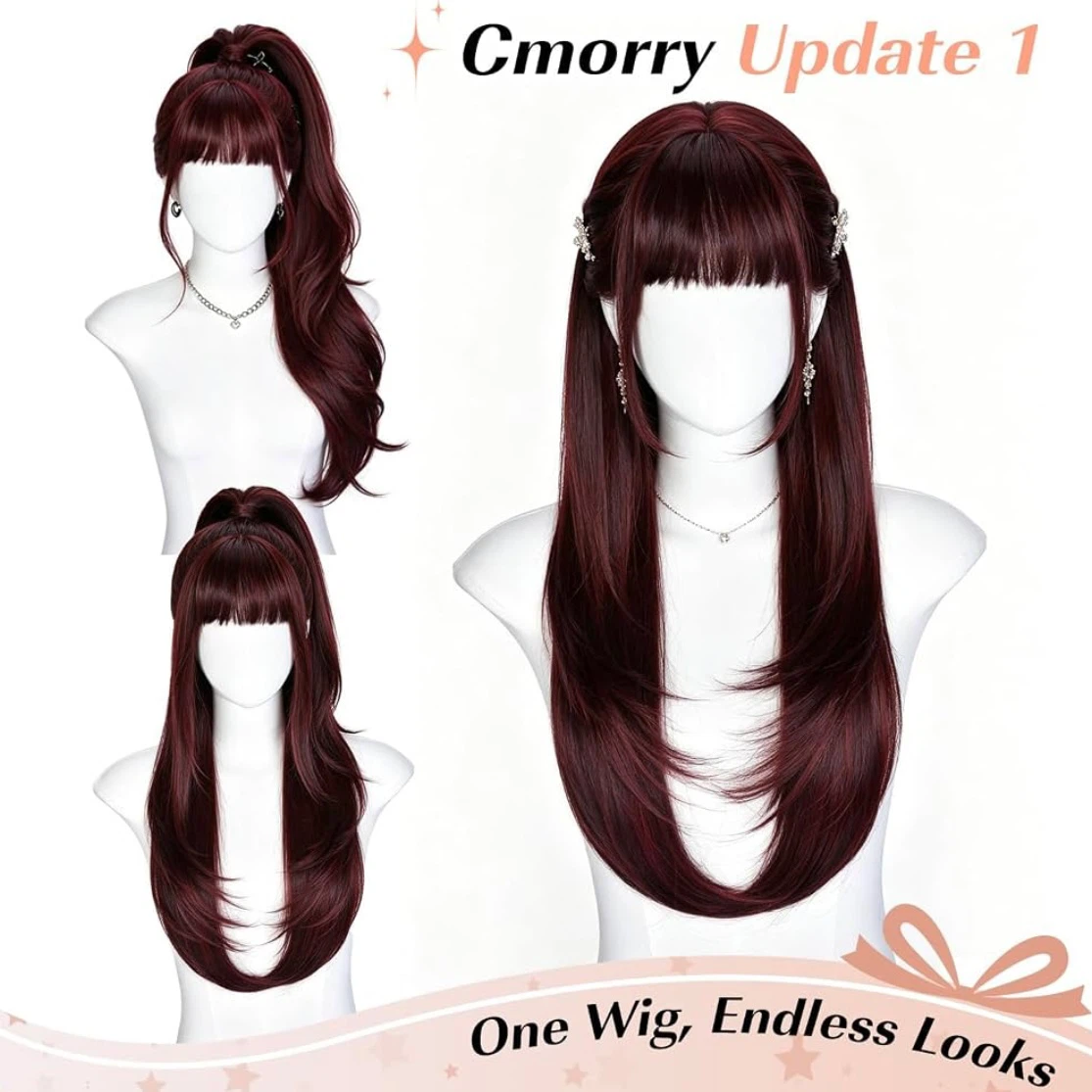 Brand New 26-28 Inch Burgundy Synthetic Glueless Wig with Bangs - photo 3