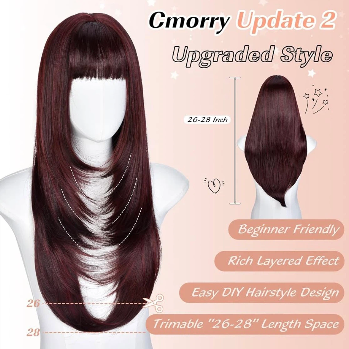 Brand New 26-28 Inch Burgundy Synthetic Glueless Wig with Bangs - photo 4