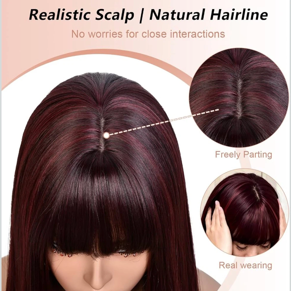 Brand New 26-28 Inch Burgundy Synthetic Glueless Wig with Bangs - photo 5