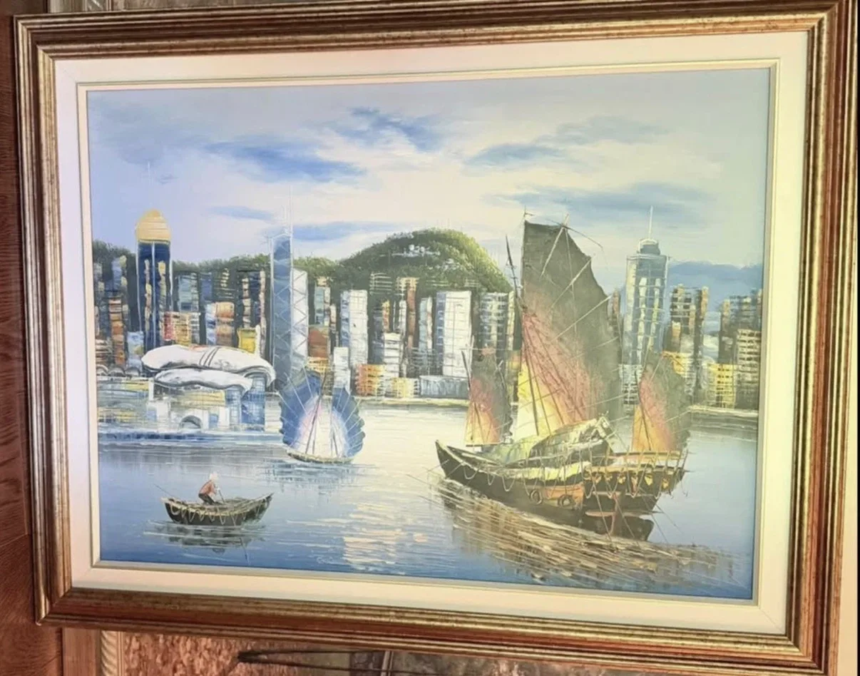 Framed Oil Painting of Hong Kong Harbour