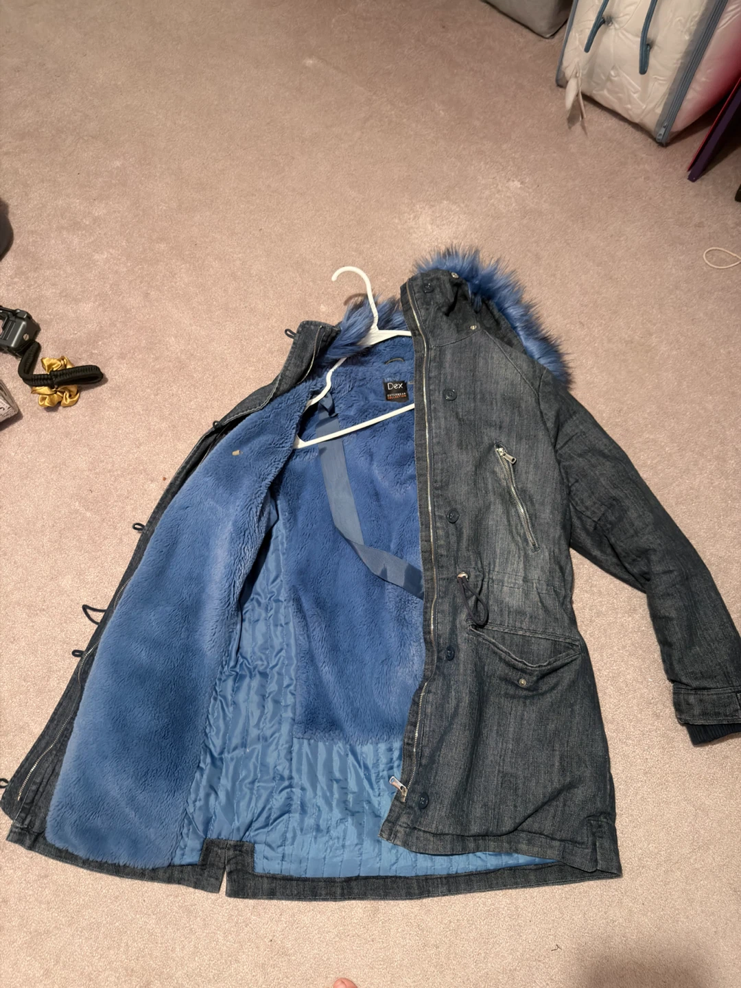 Dex Denim Parka with Blue Faux Fur Lining & Hood Trim