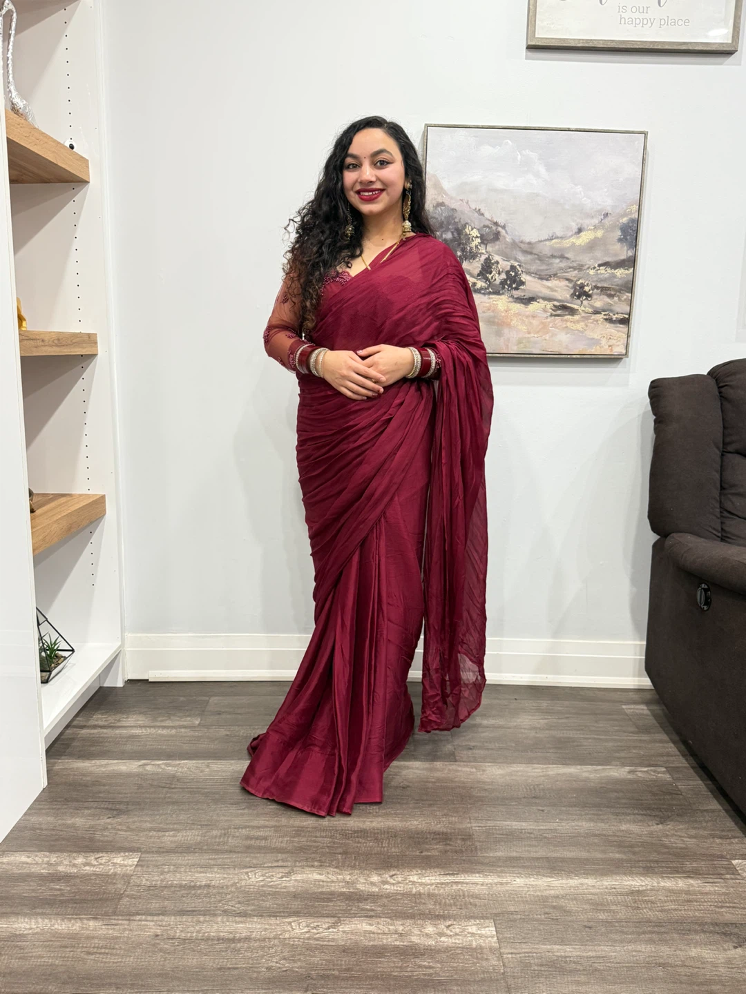 Pre stitched Maroon Indian Saree with Embellished Blouse