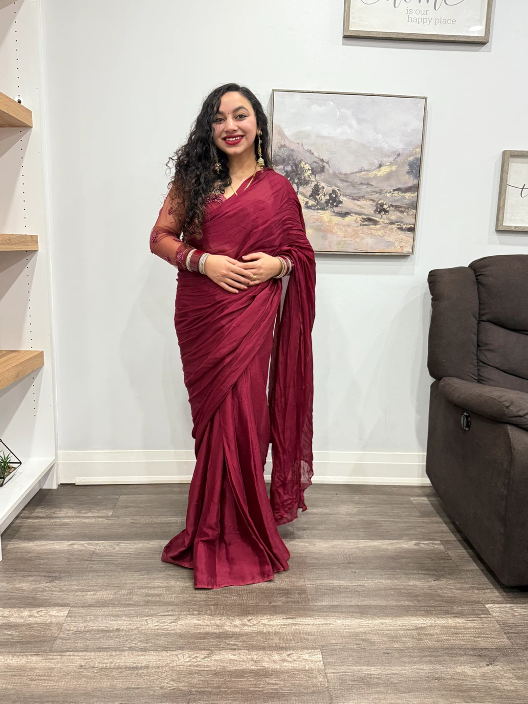Pre stitched Maroon Indian Saree with Embellished Blouse - photo 2