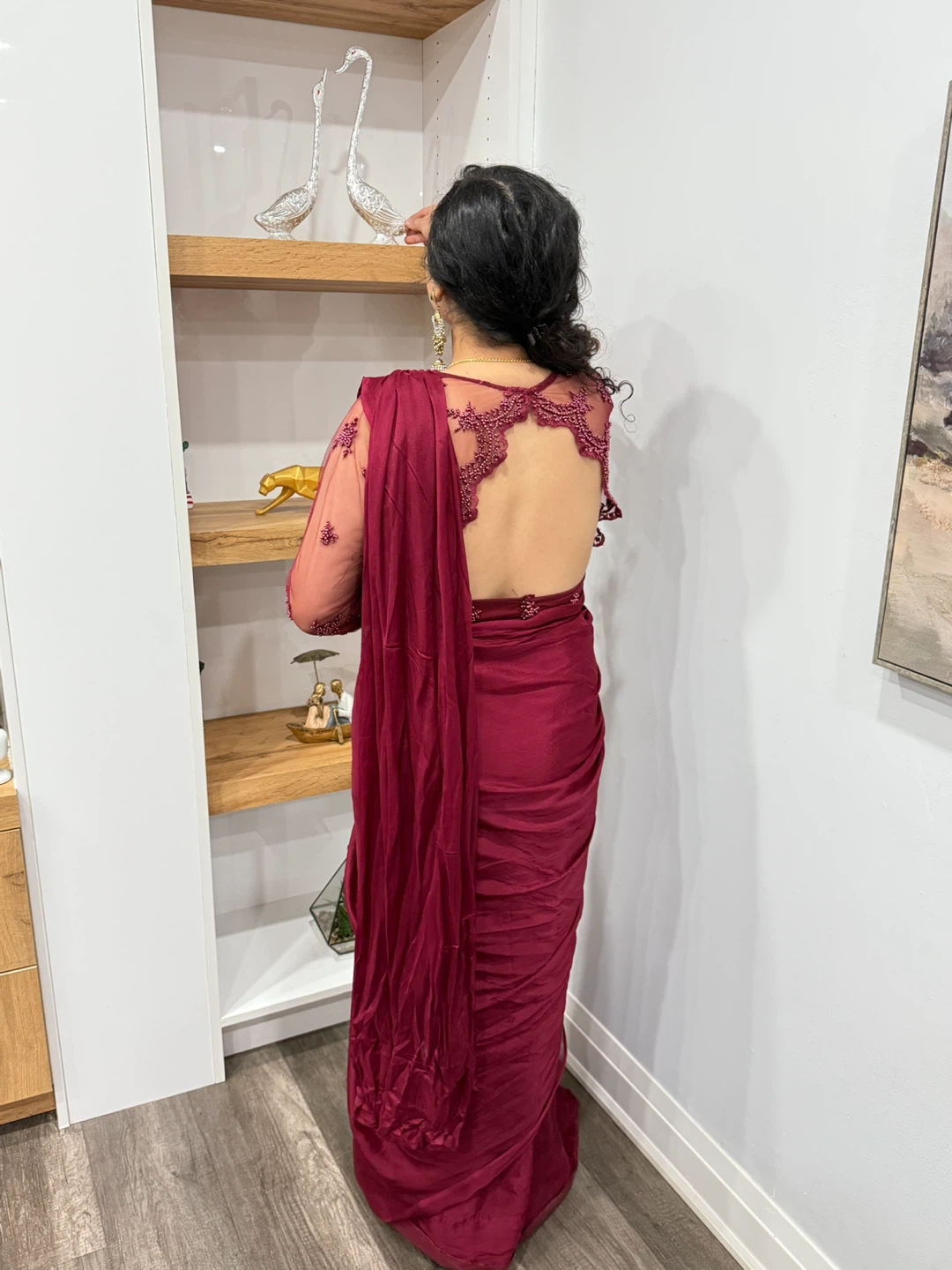 Pre stitched Maroon Indian Saree with Embellished Blouse - photo 3