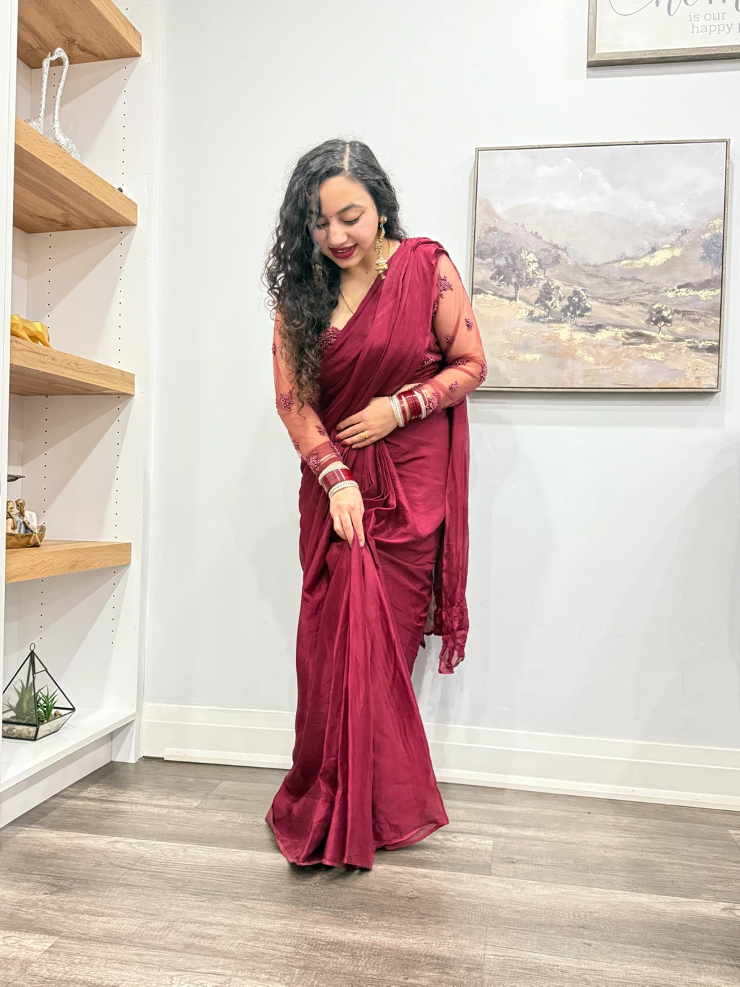 Pre stitched Maroon Indian Saree with Embellished Blouse - photo 4