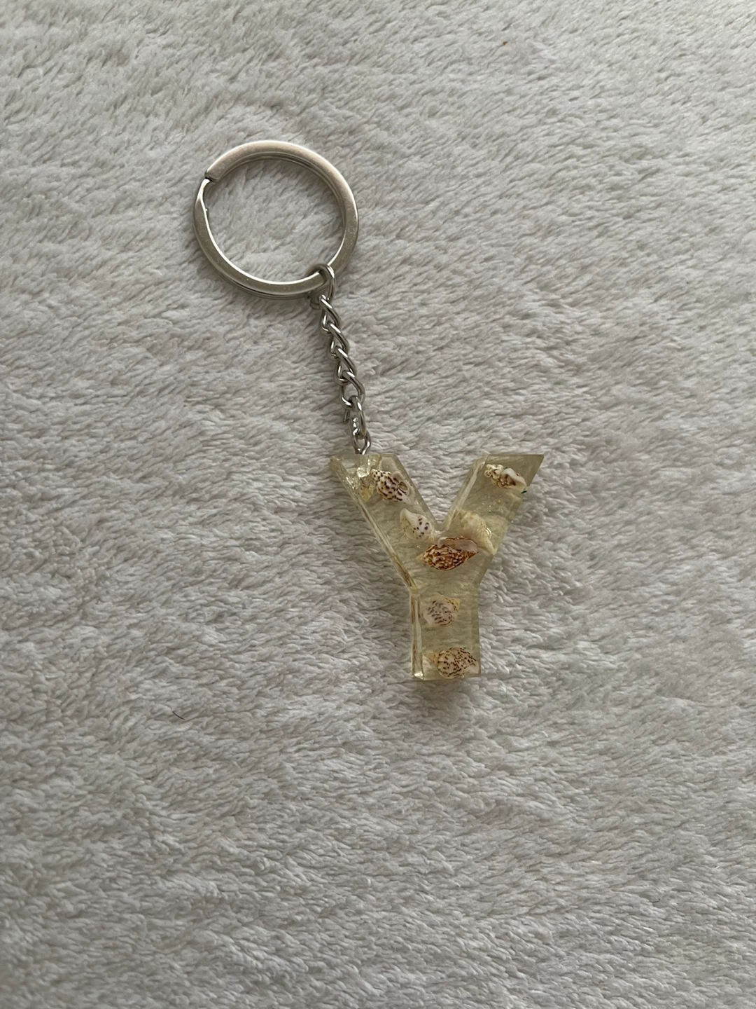 letter Y resin keychain with seashells