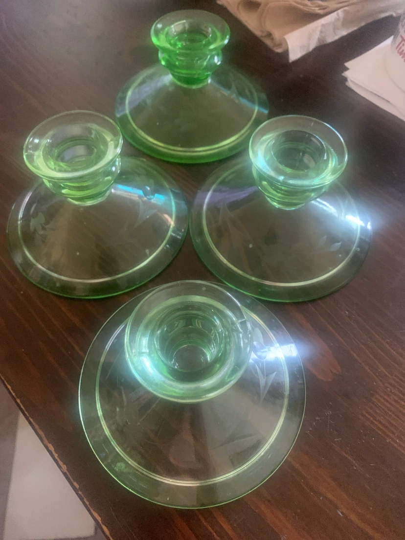Set of 4 Vintage Uranium Glass Candle Holders