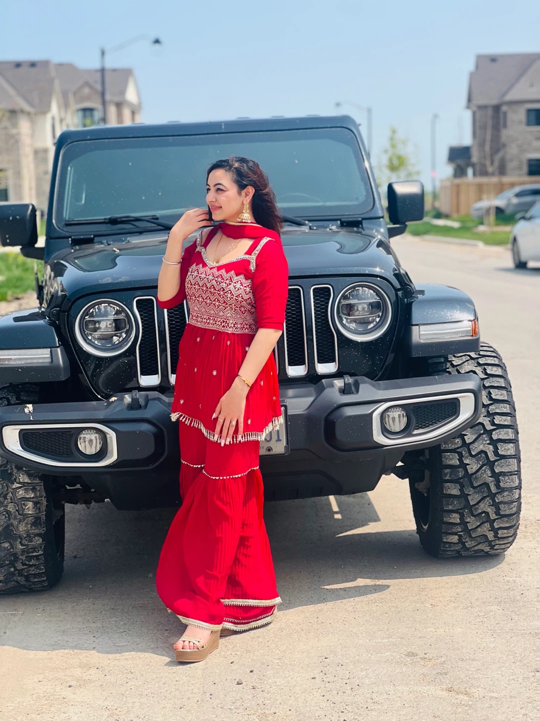 Red Embroidered Sharara Set