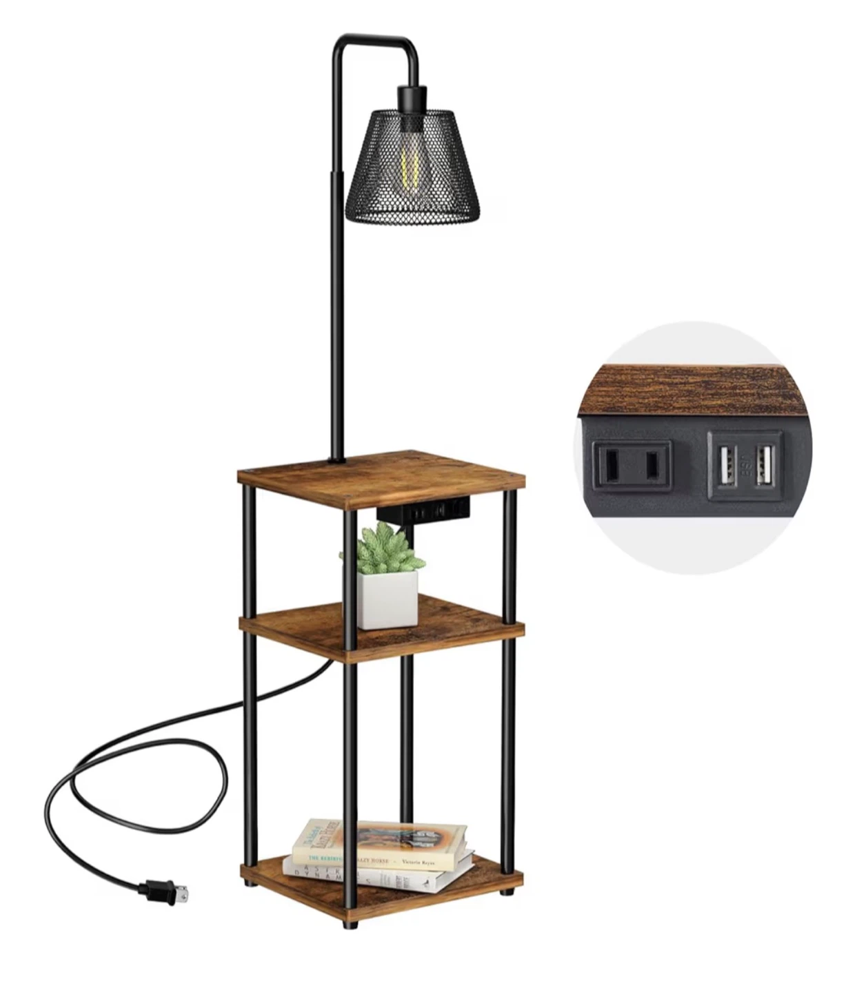 Industrial 3-Tier Shelf Floor Lamp with USB Ports