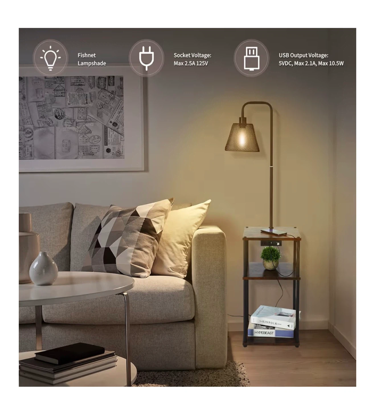 Industrial 3-Tier Shelf Floor Lamp with USB Ports - photo 3