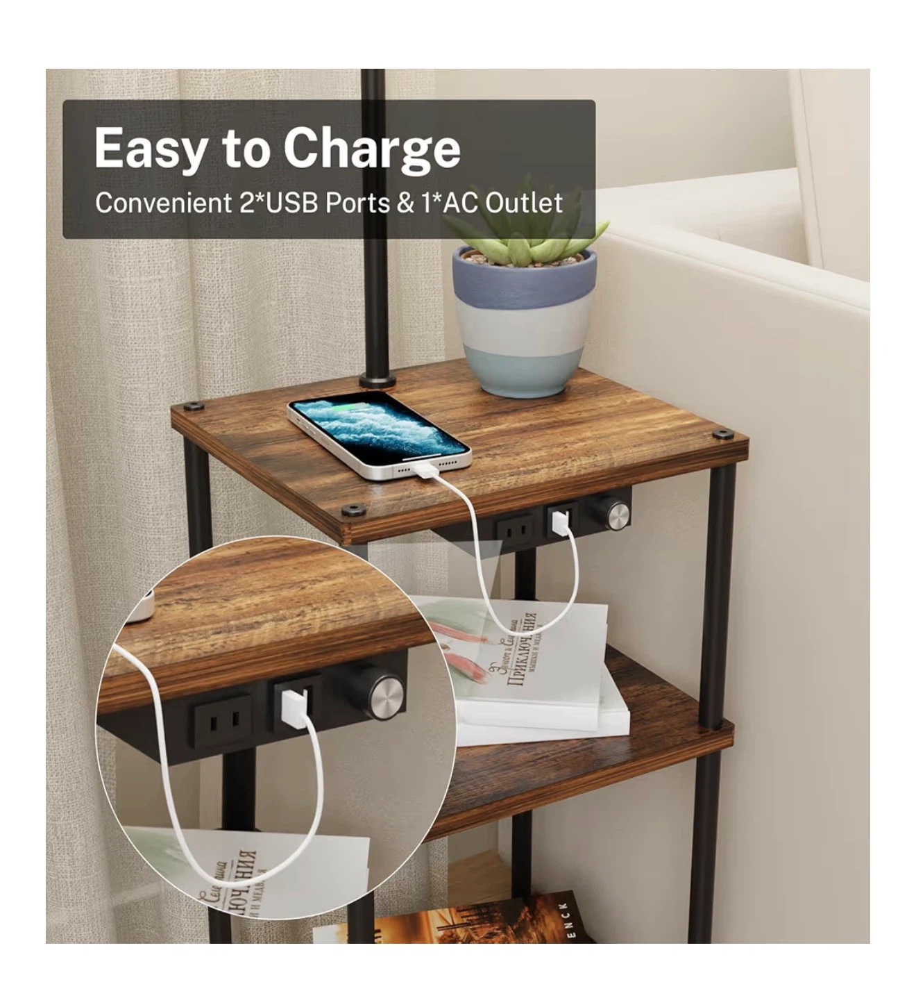 Industrial 3-Tier Shelf Floor Lamp with USB Ports - photo 4