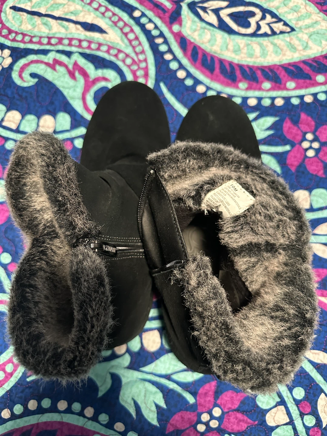Black Faux Fur Trim Ankle Boots Size 10M