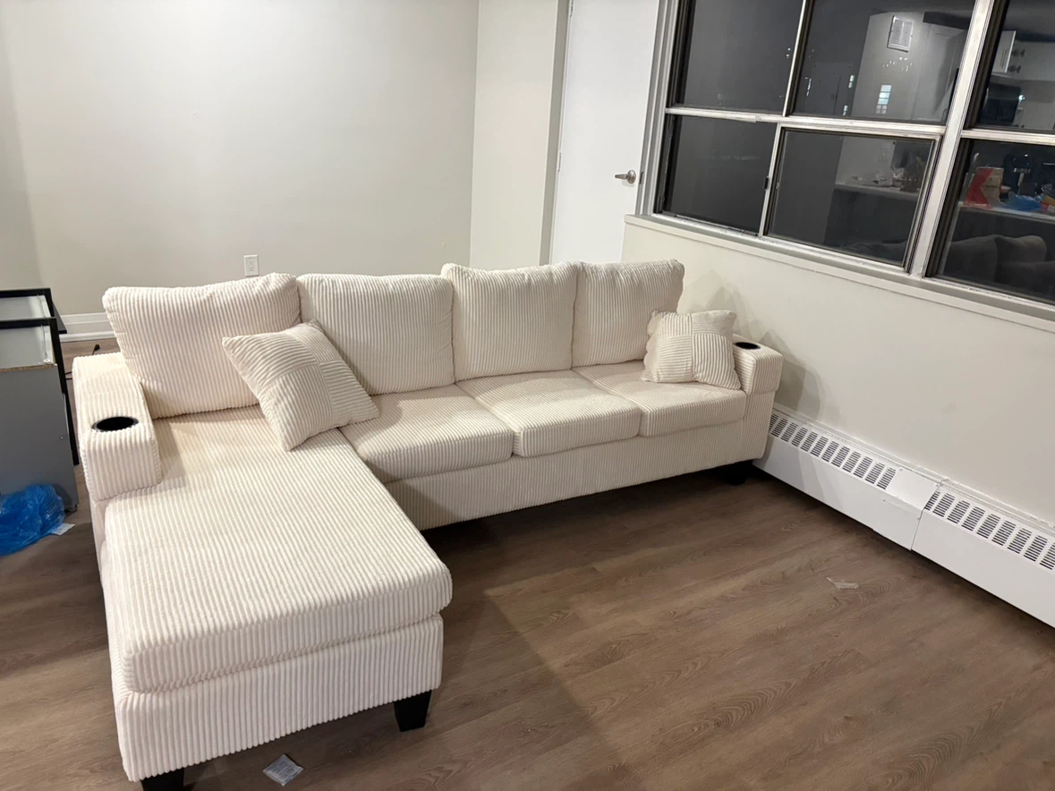 Beige Corduroy Sectional Sofa with Chaise