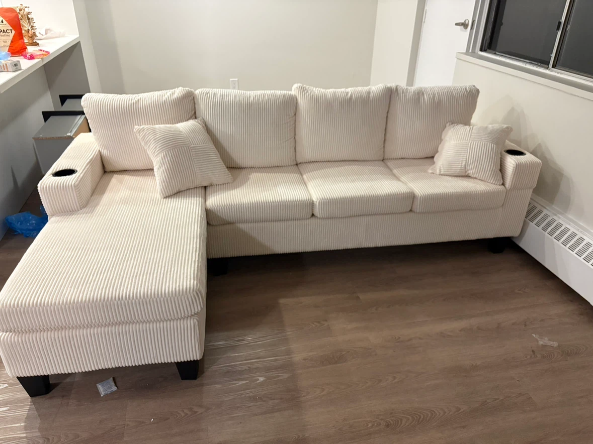 Beige Corduroy Sectional Sofa with Chaise - photo 2