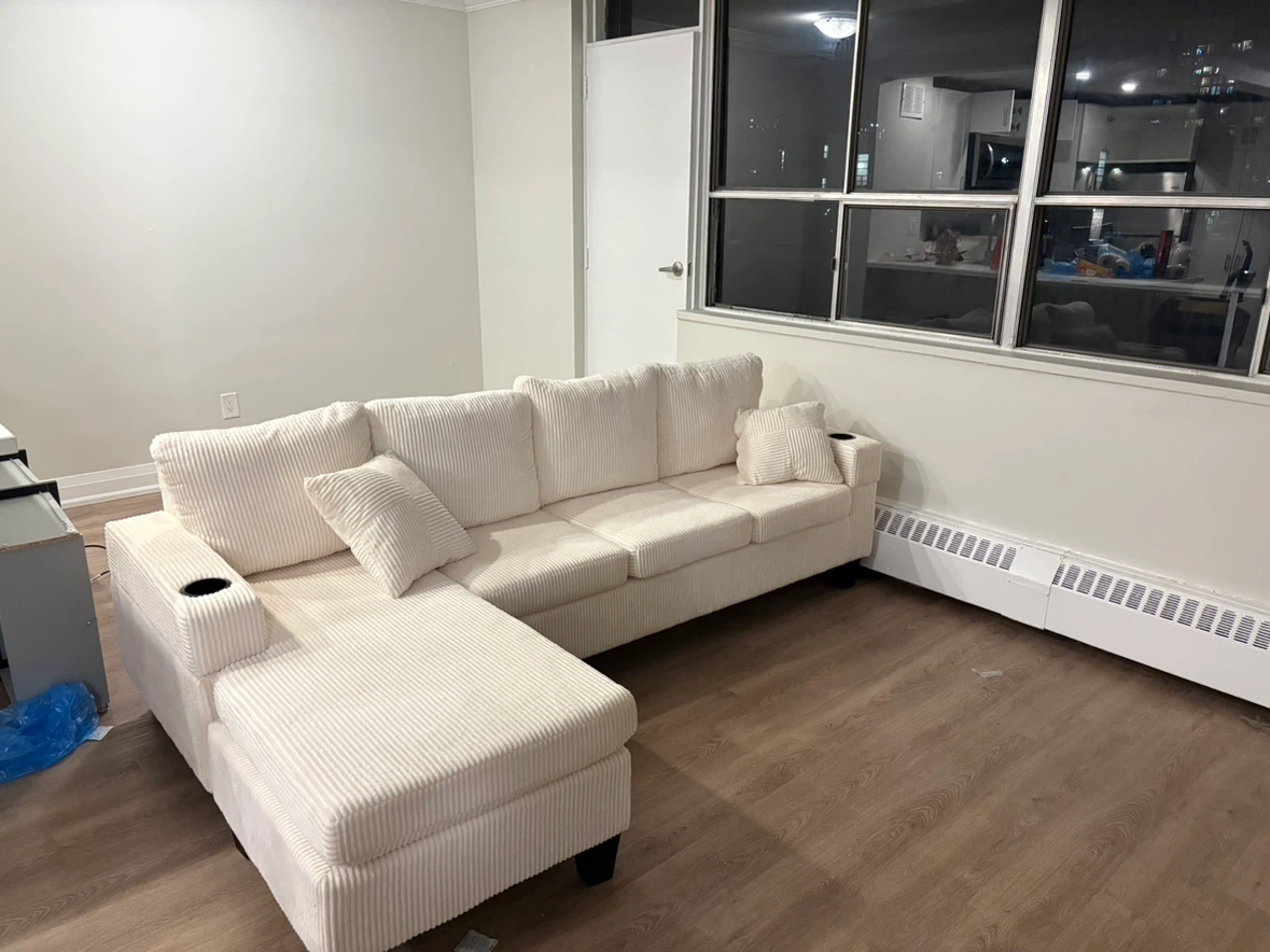 Beige Corduroy Sectional Sofa with Chaise - photo 3