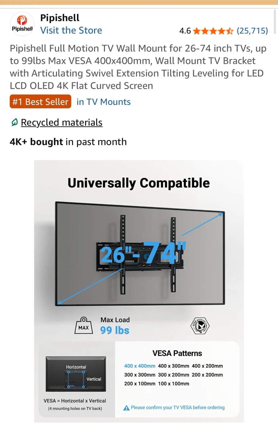 Pipishell Full Motion TV Wall Mount - photo 4