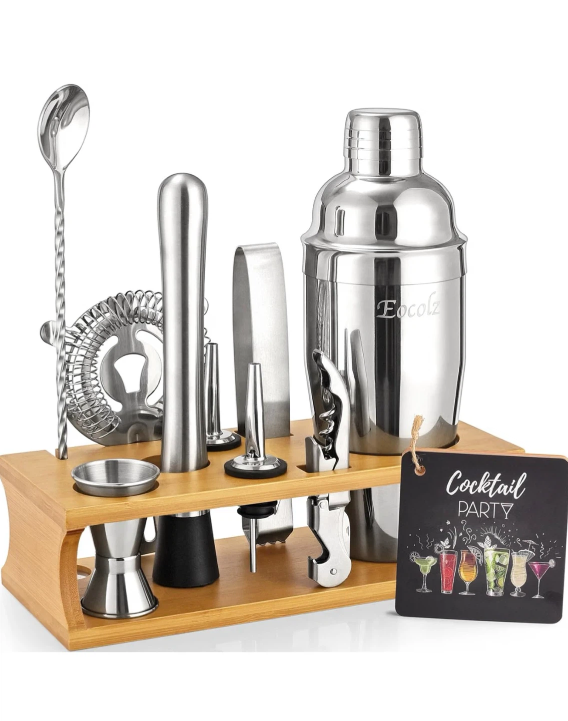 Brand new Eocolz Cocktail Shaker Set with Bamboo Stand