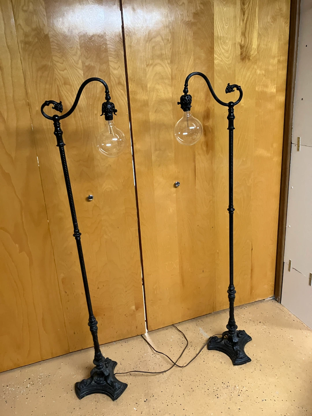Pair of Ornate Antique Black Metal Floor Lamps