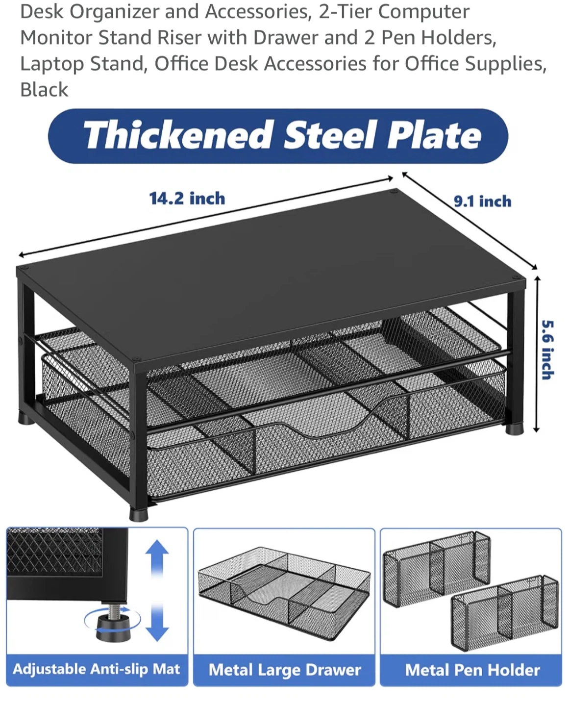 Black 2-Tier Metal Monitor Stand Riser with Drawer