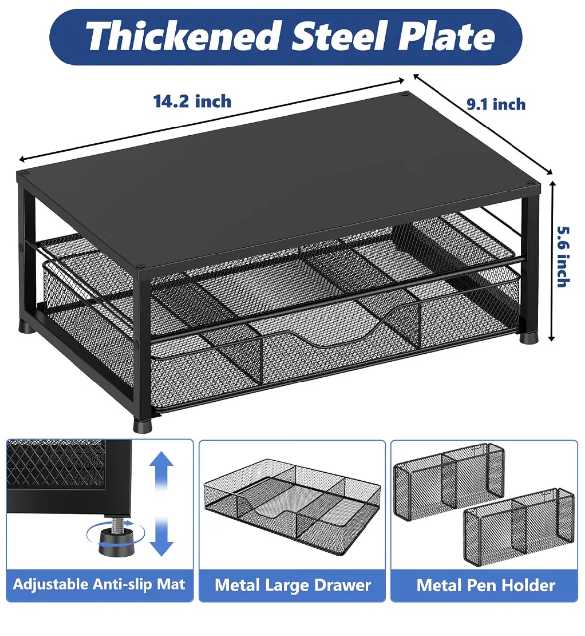 Black 2-Tier Metal Monitor Stand Riser with Drawer - photo 2