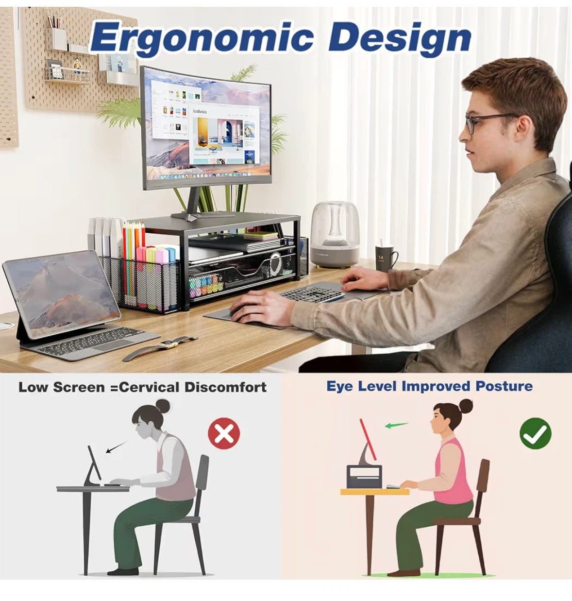 Black 2-Tier Metal Monitor Stand Riser with Drawer - photo 3