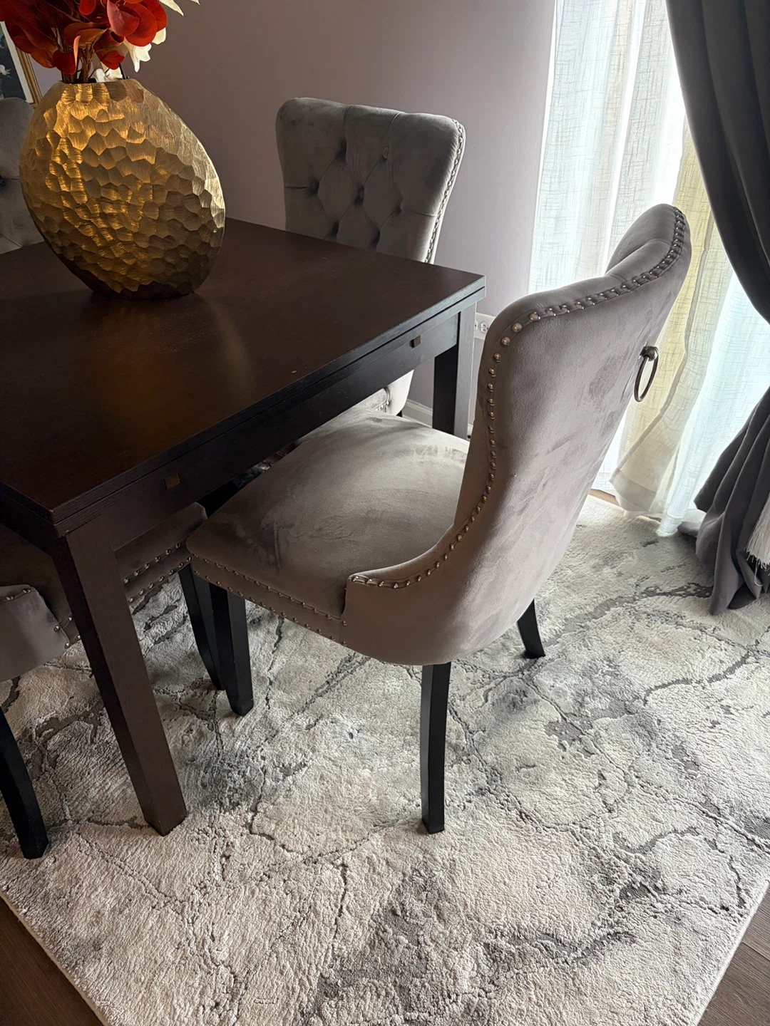 Gray Velvet Dining Chairs with Nailhead Trim