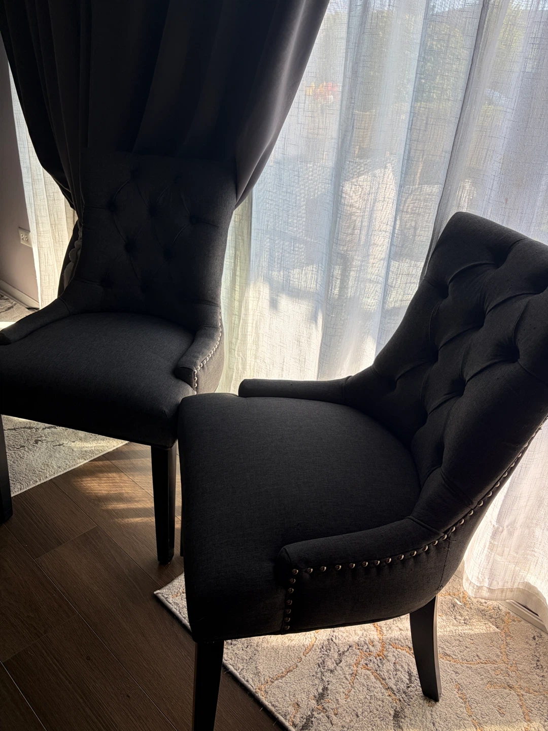 Set of two gray upholstered accent chairs