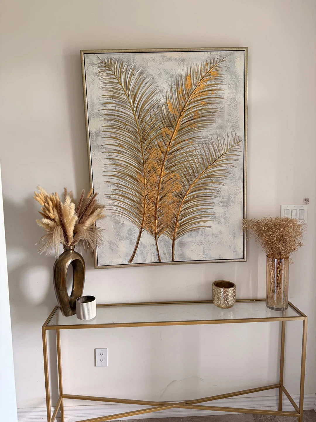 Gold Console Table, Large Wall Art & Decorative Vases Set