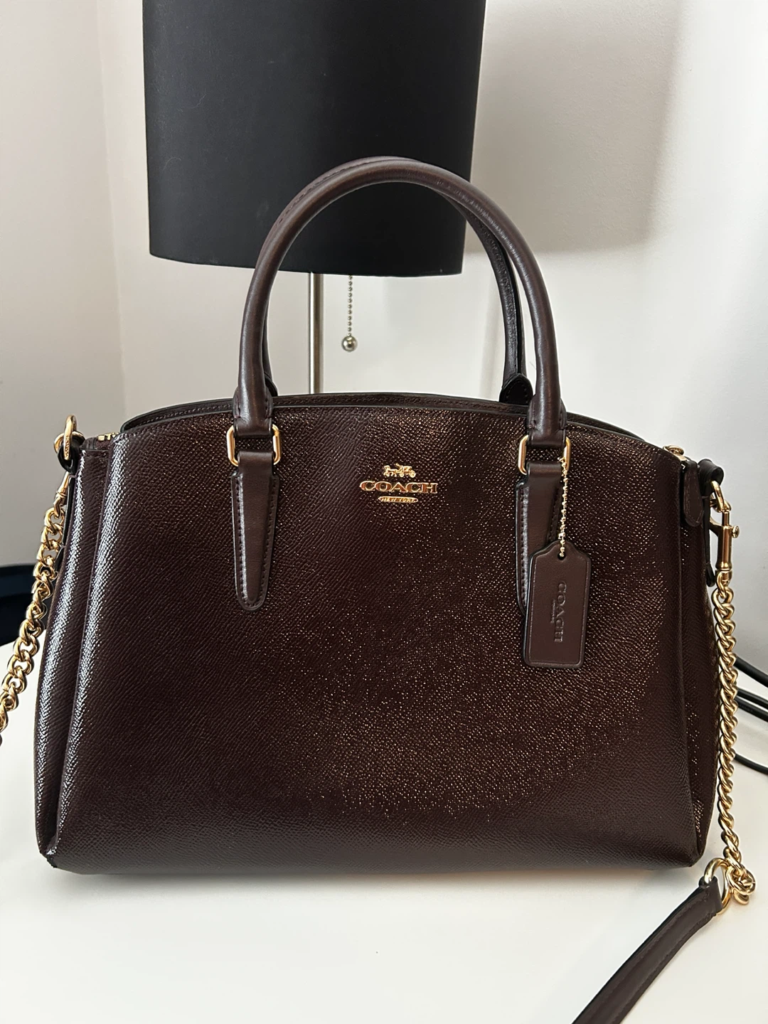 Coach Plum/Brown Leather Dome Satchel with Gold chain