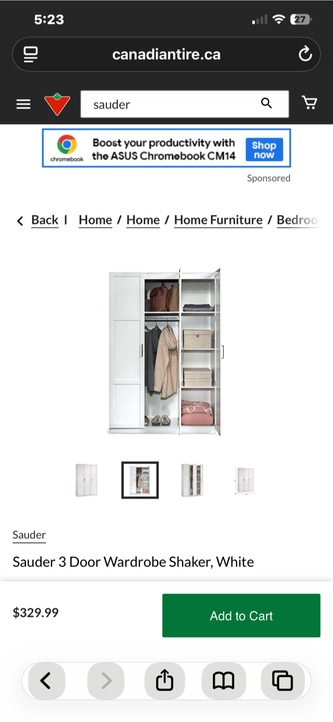 Sauder 3-Door Shaker Wardrobe, Black - photo 2