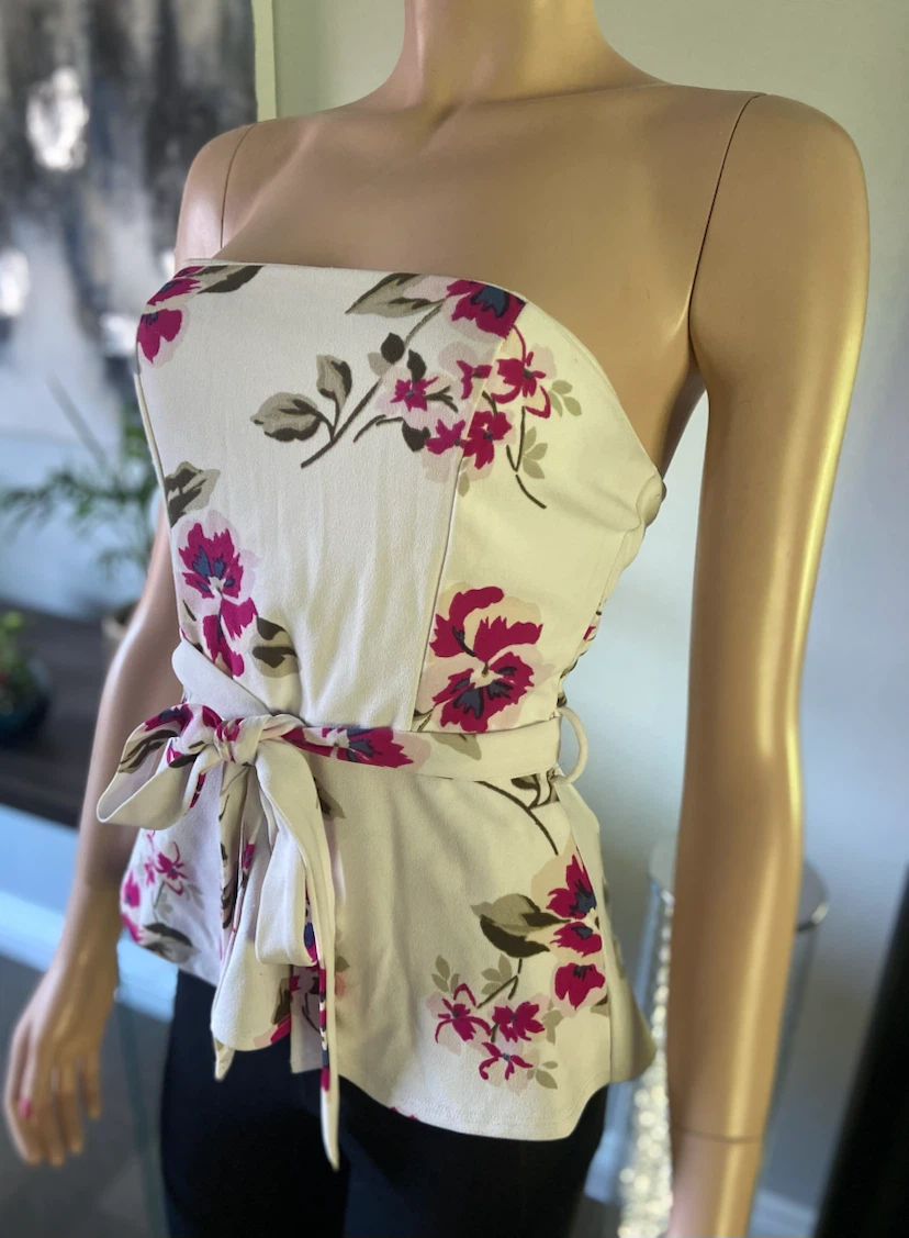 Floral Strapless Peplum Tie-Waist Top XS