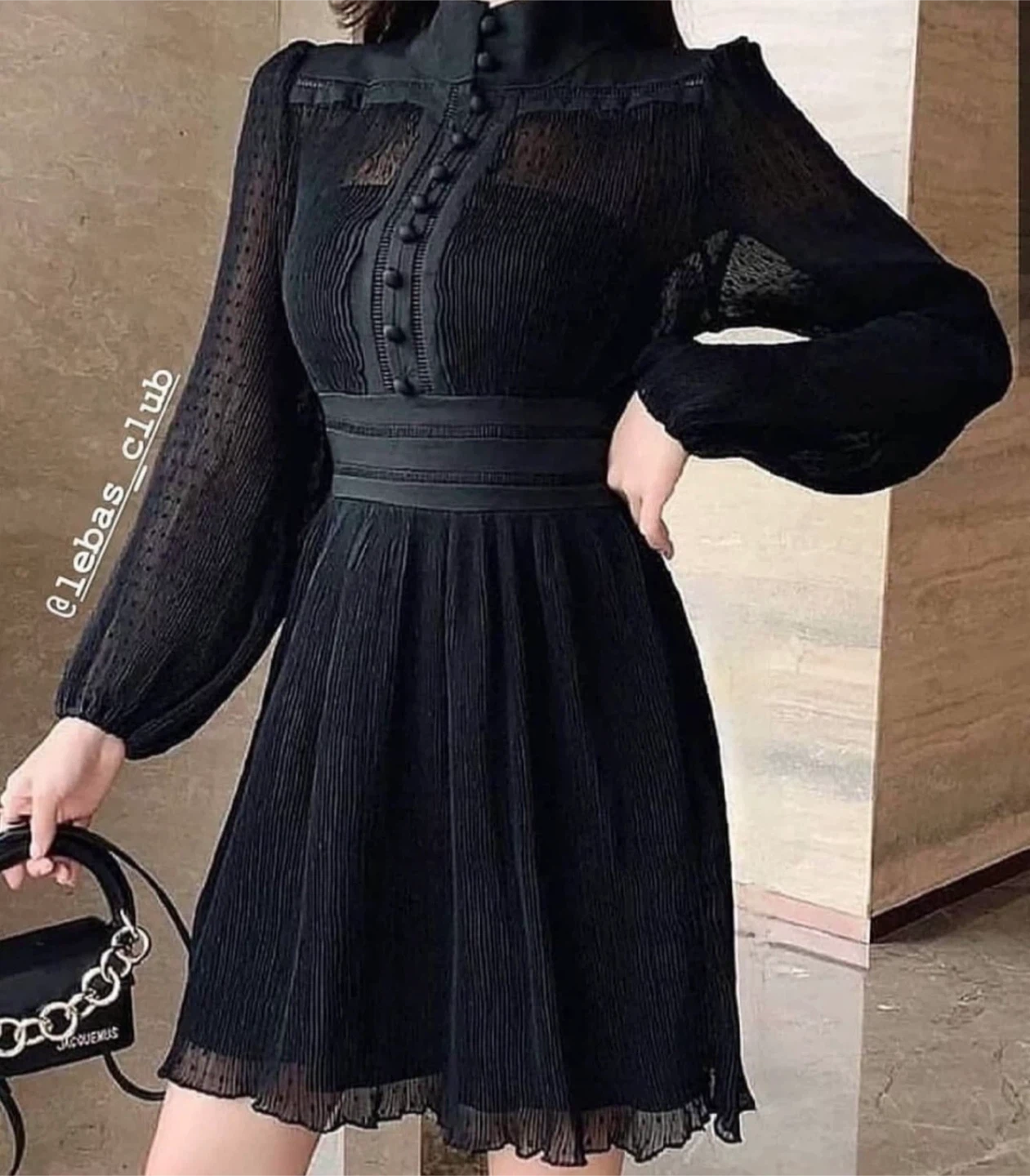 Black Pleated Long Sleeve Dress, size S