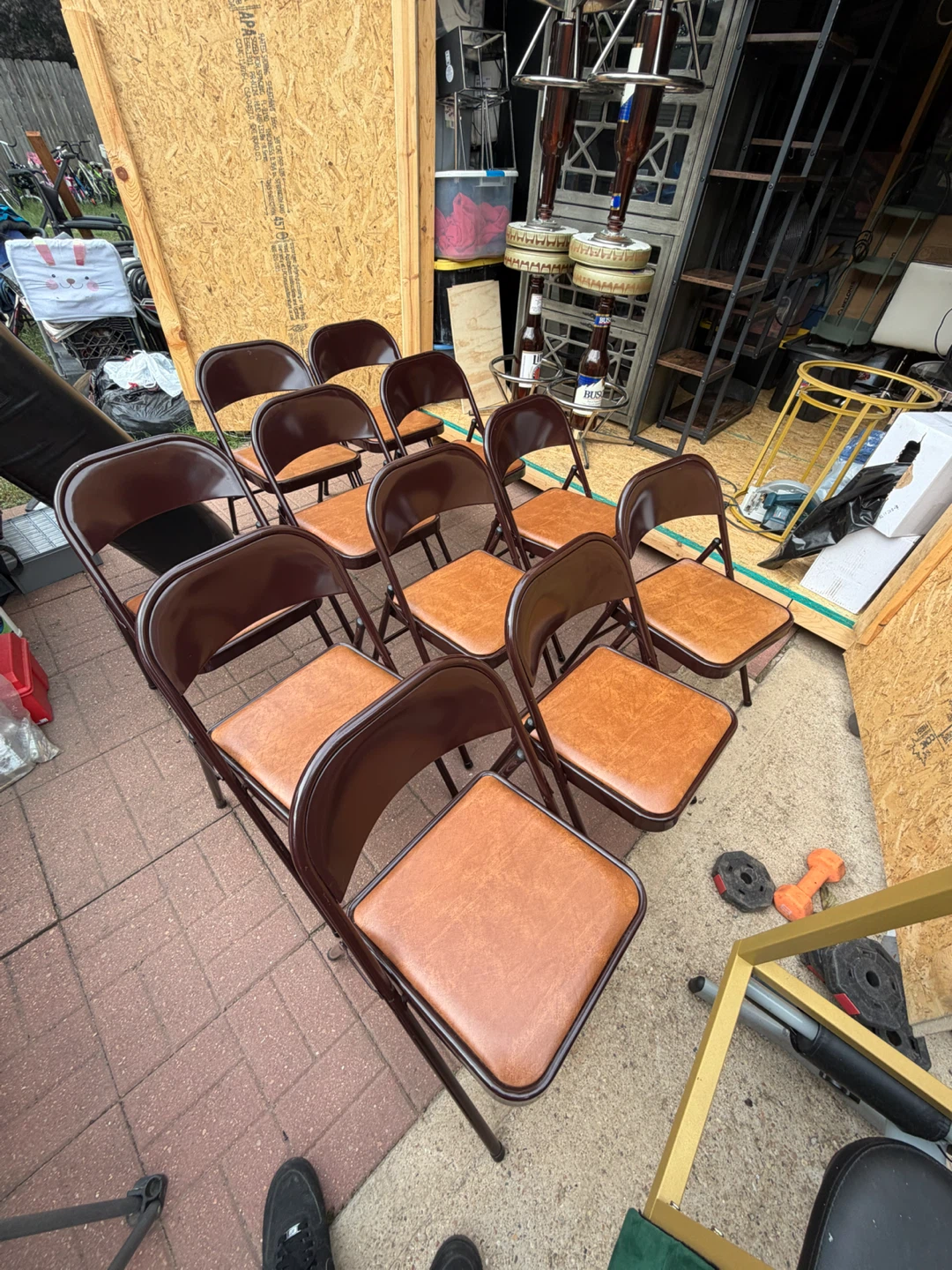 Set of 11 Brown Metal Folding Chairs