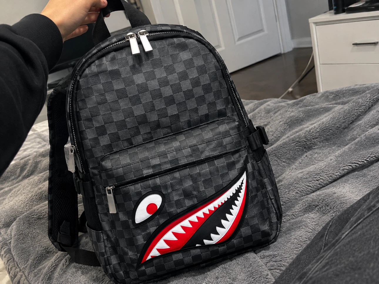 Shark Print Checkered Laptop Backpack