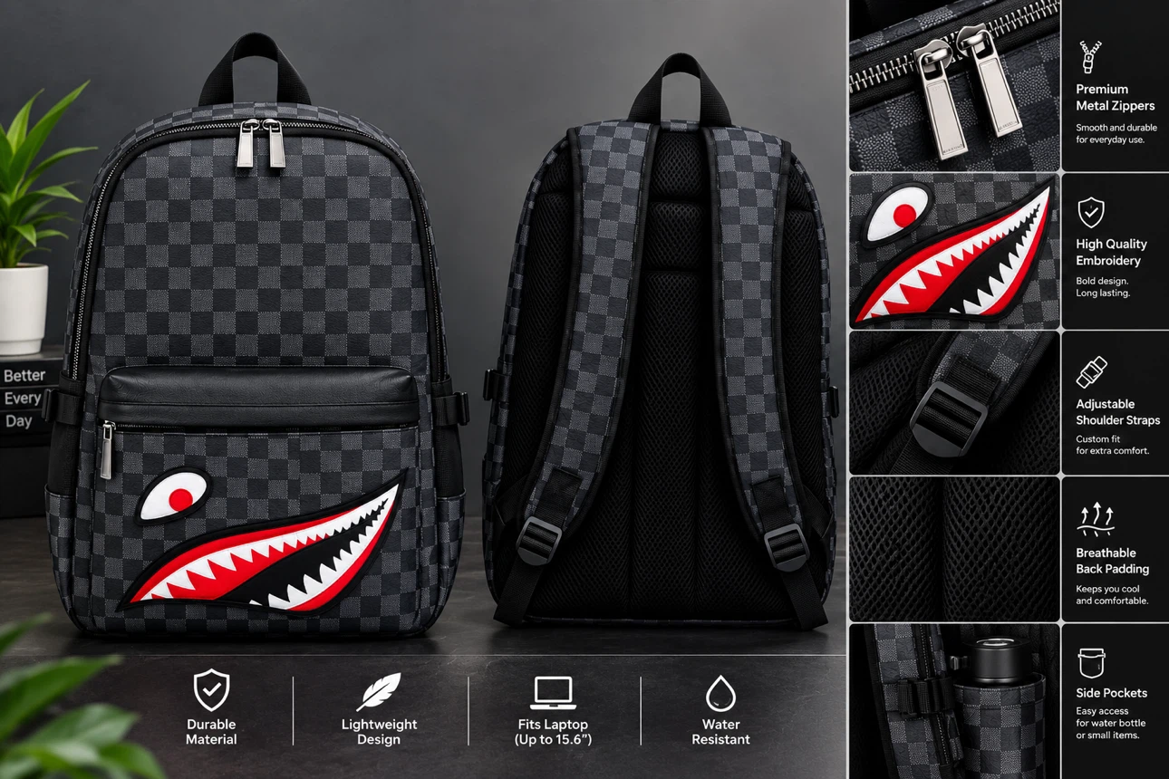 Shark Print Checkered Laptop Backpack - photo 2