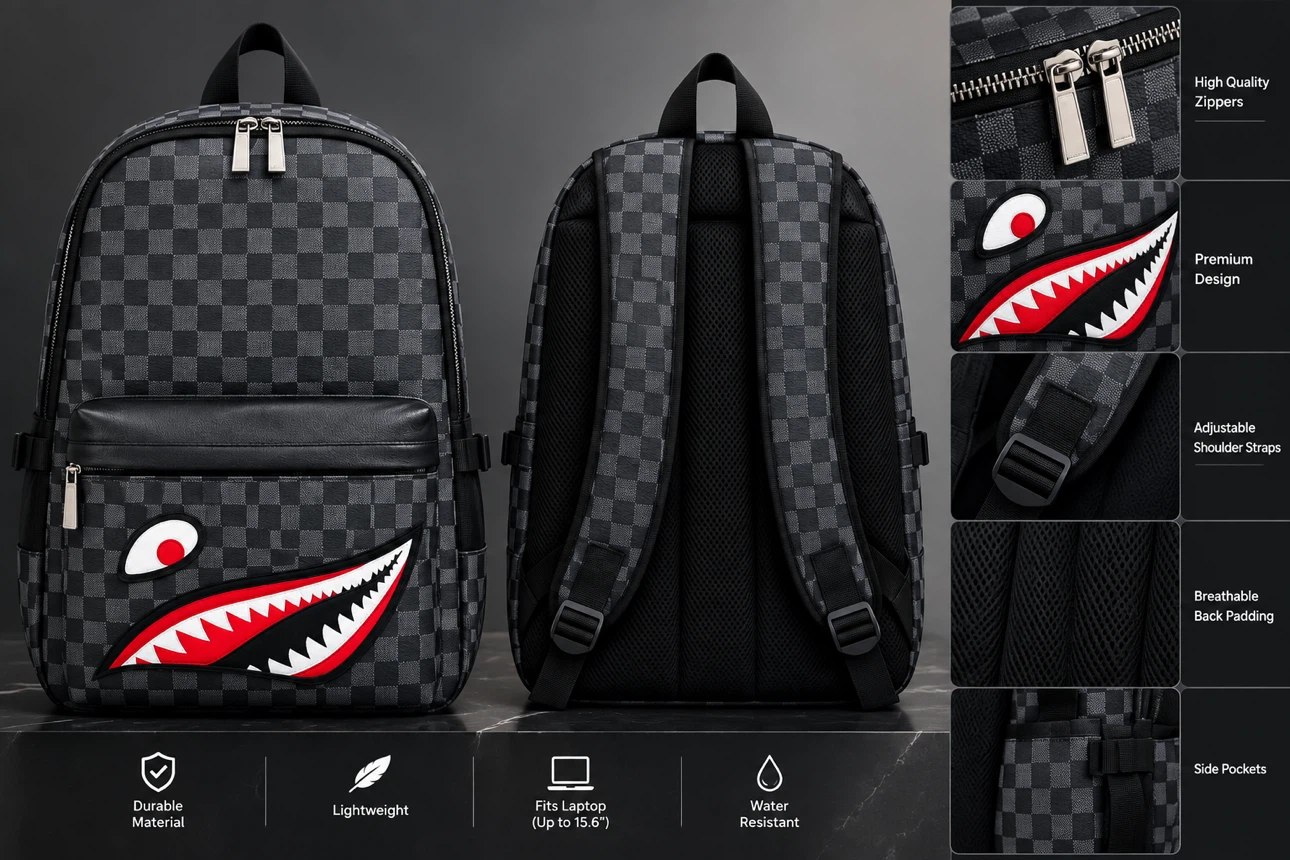Shark Print Checkered Laptop Backpack - photo 3