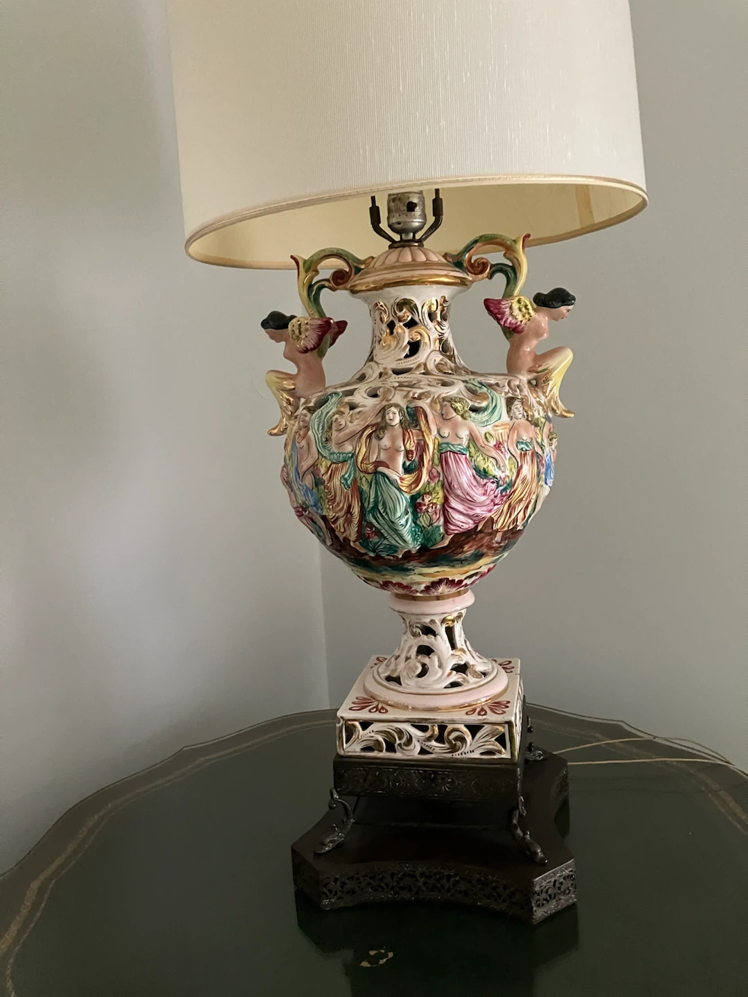 Antique Capidomonte Ceramic Figural Table Lamp