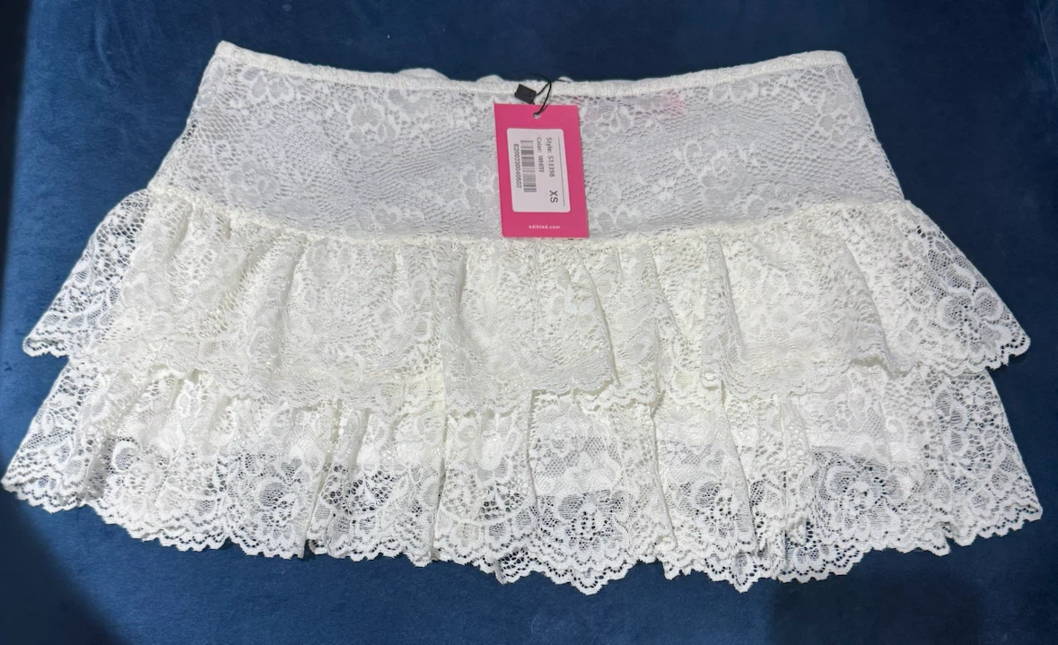 Edikted White Lace Ruffle Mini Skirt