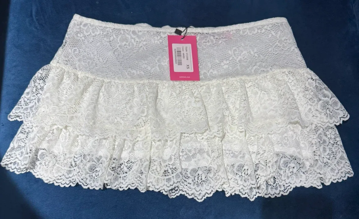 Edikted White Lace Ruffle Mini Skirt