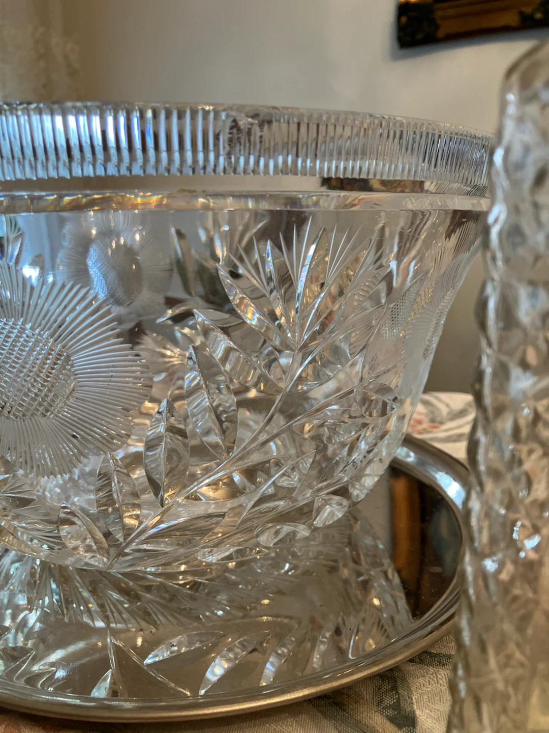 Vintage Crystal Cut Glass Flower Motif Serving Bowl