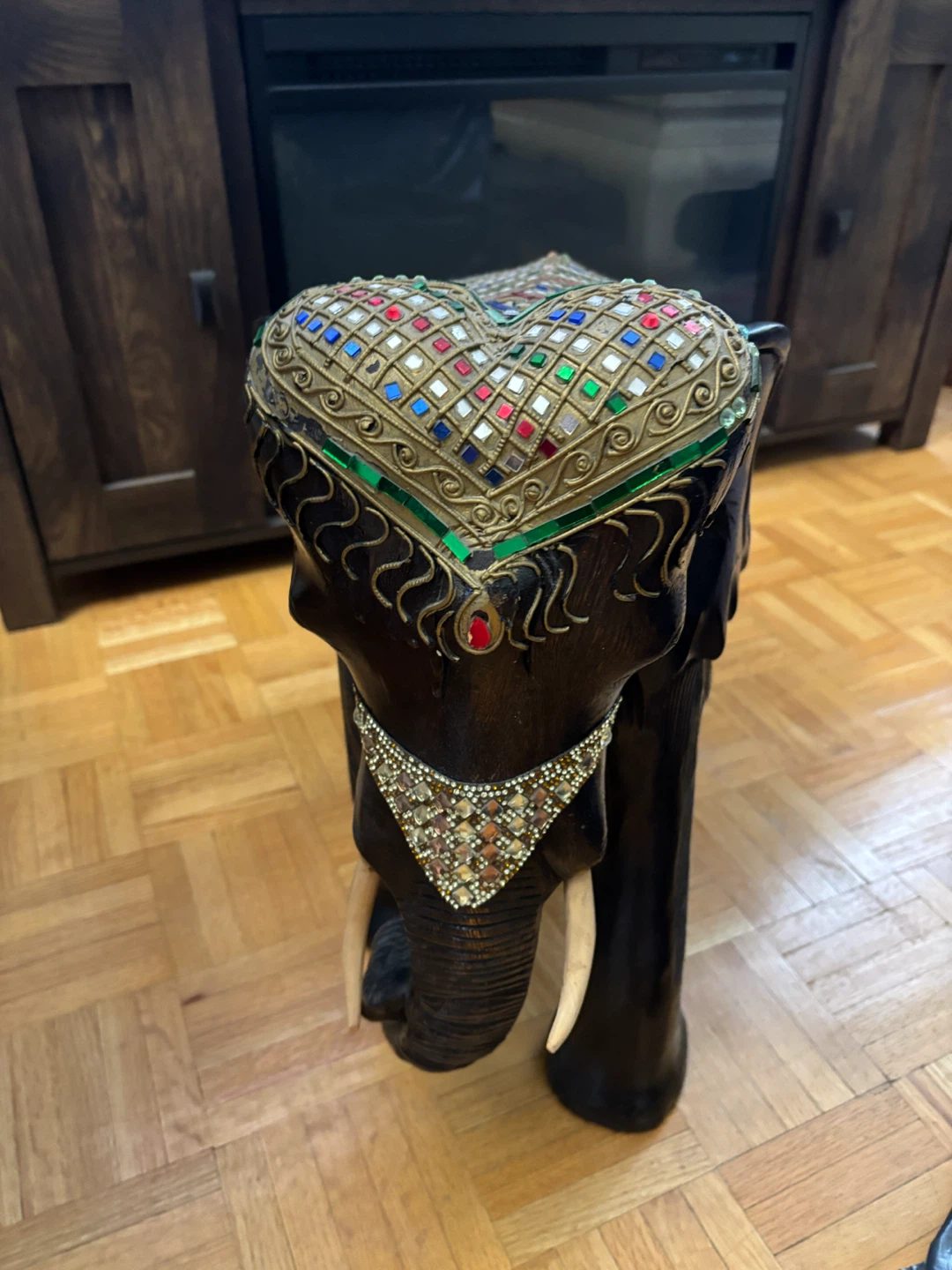 Decorative wooden elephant stool with mirror tiles