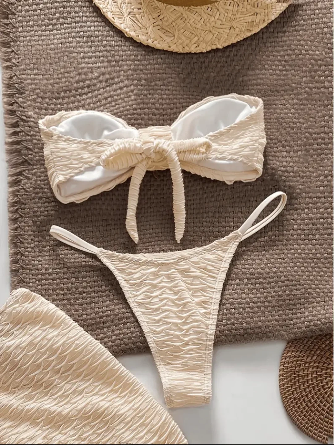 Cream textured bikini and cover-up skirt set - photo 2