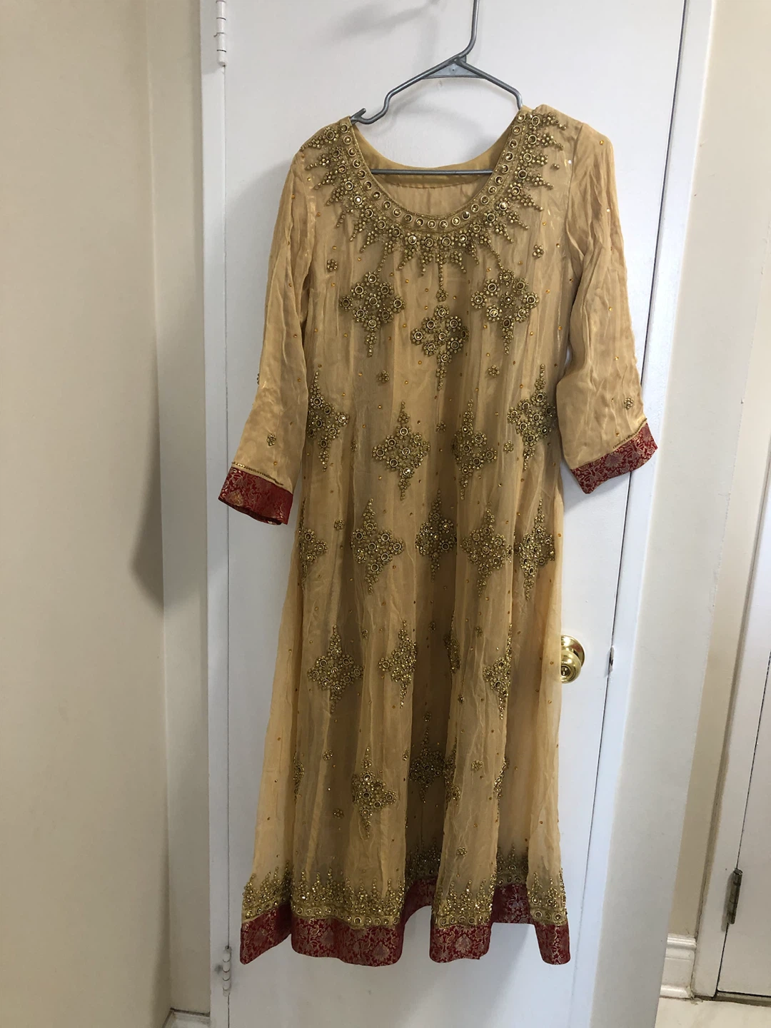 Beige and Gold Embroidered Anarkali Dress