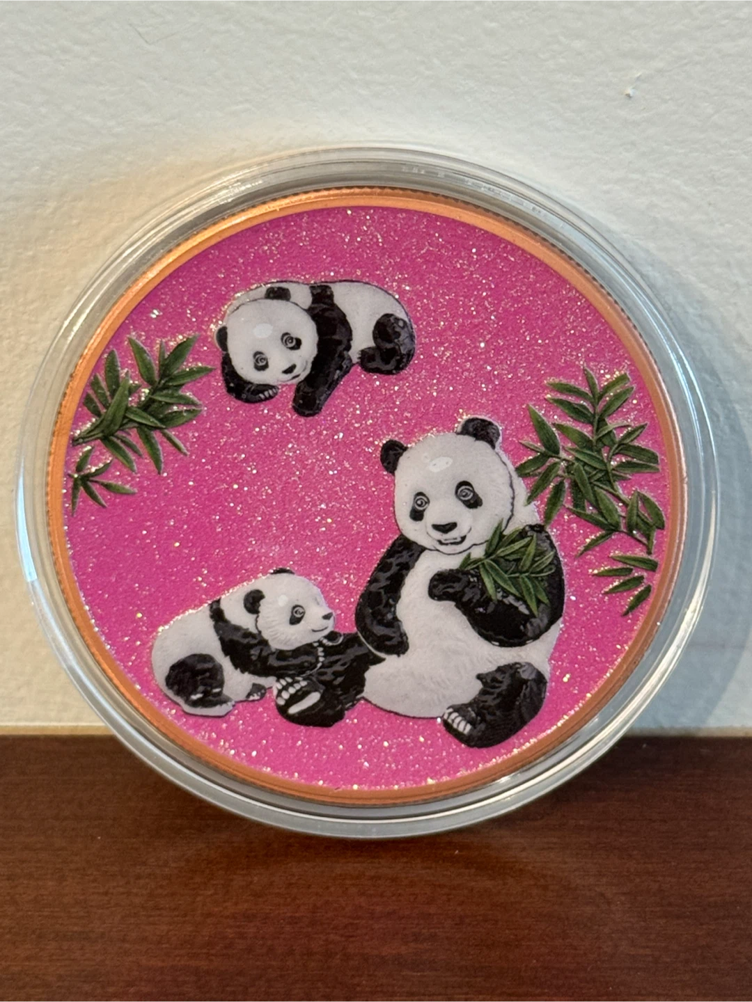 5 oz .999 Copper Round Panda Design pink glitter