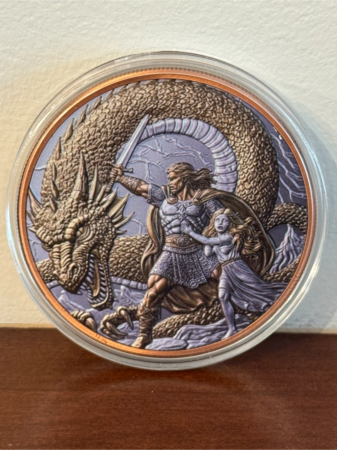 5 oz Copper Dragon coin with a knight protecting a child