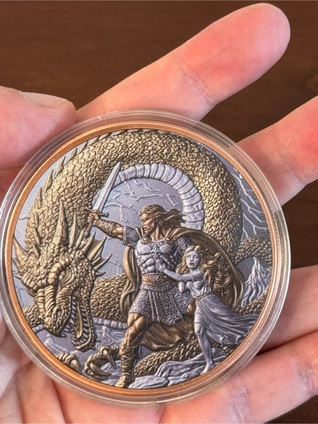 5 oz Copper Dragon coin with a knight protecting a child - photo 3