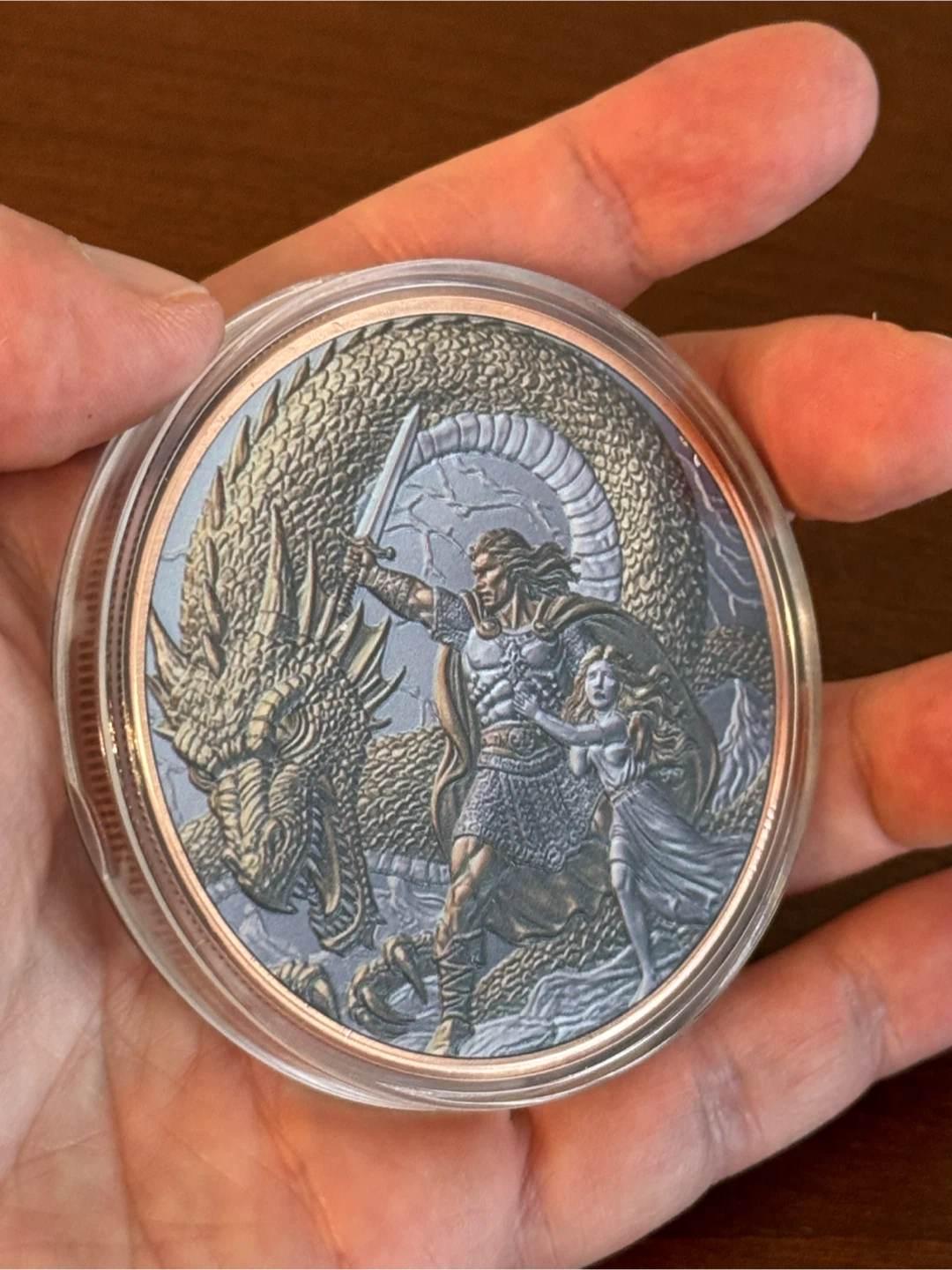 5 oz Copper Dragon coin with a knight protecting a child - photo 4
