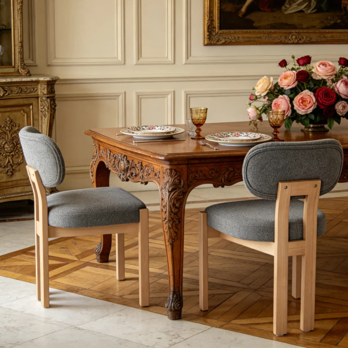 Set of two grey upholstered dining chairs
