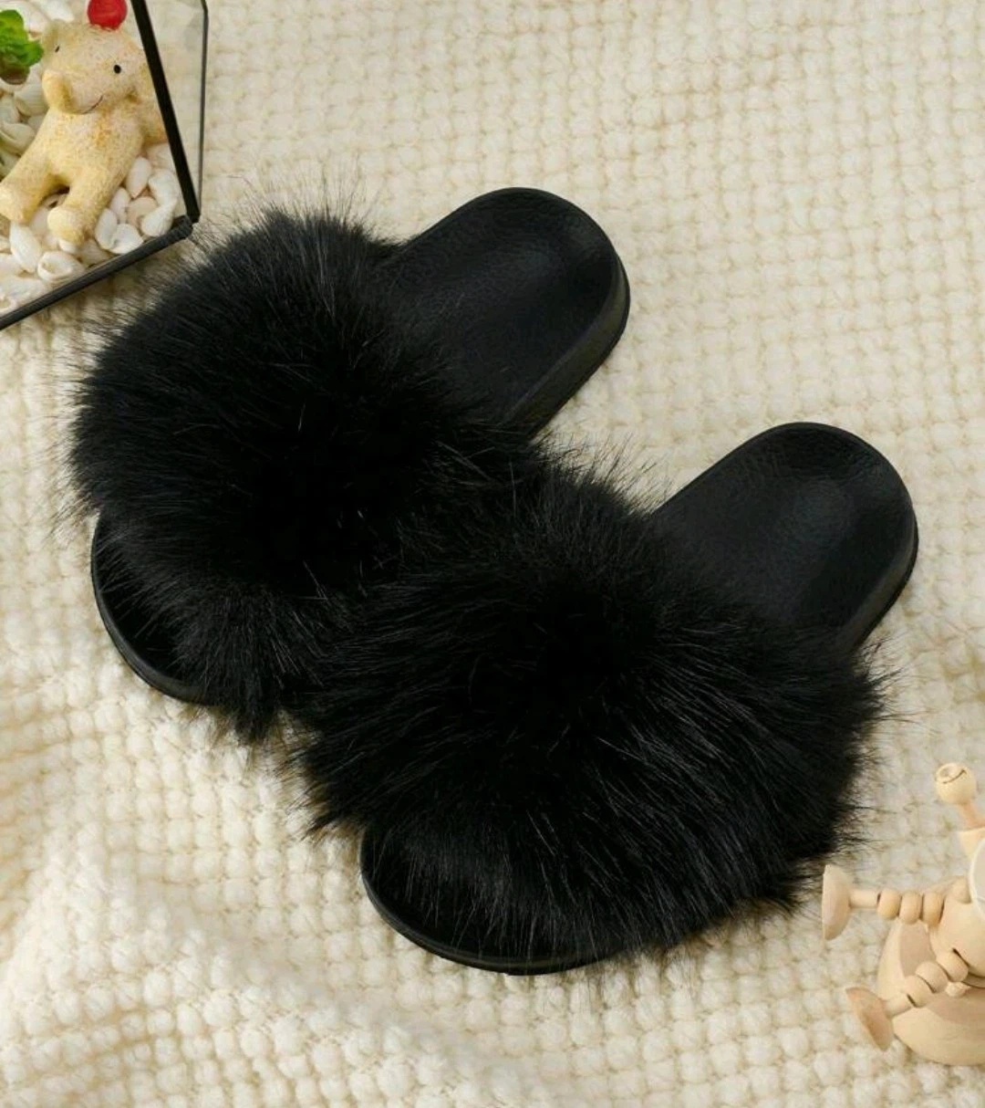 Black Faux Fur Slides