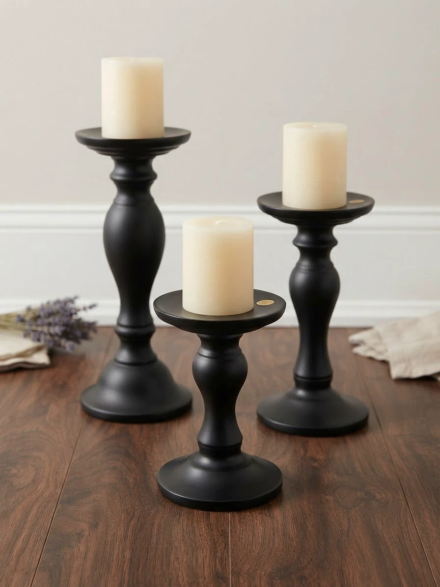Set of 3 Matte Black Pillar Candle Holders